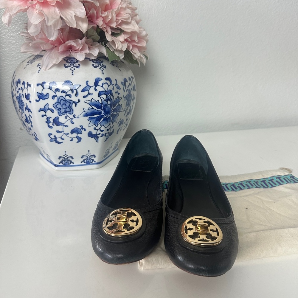 Tory Burch Black Flats with Gold Medallion